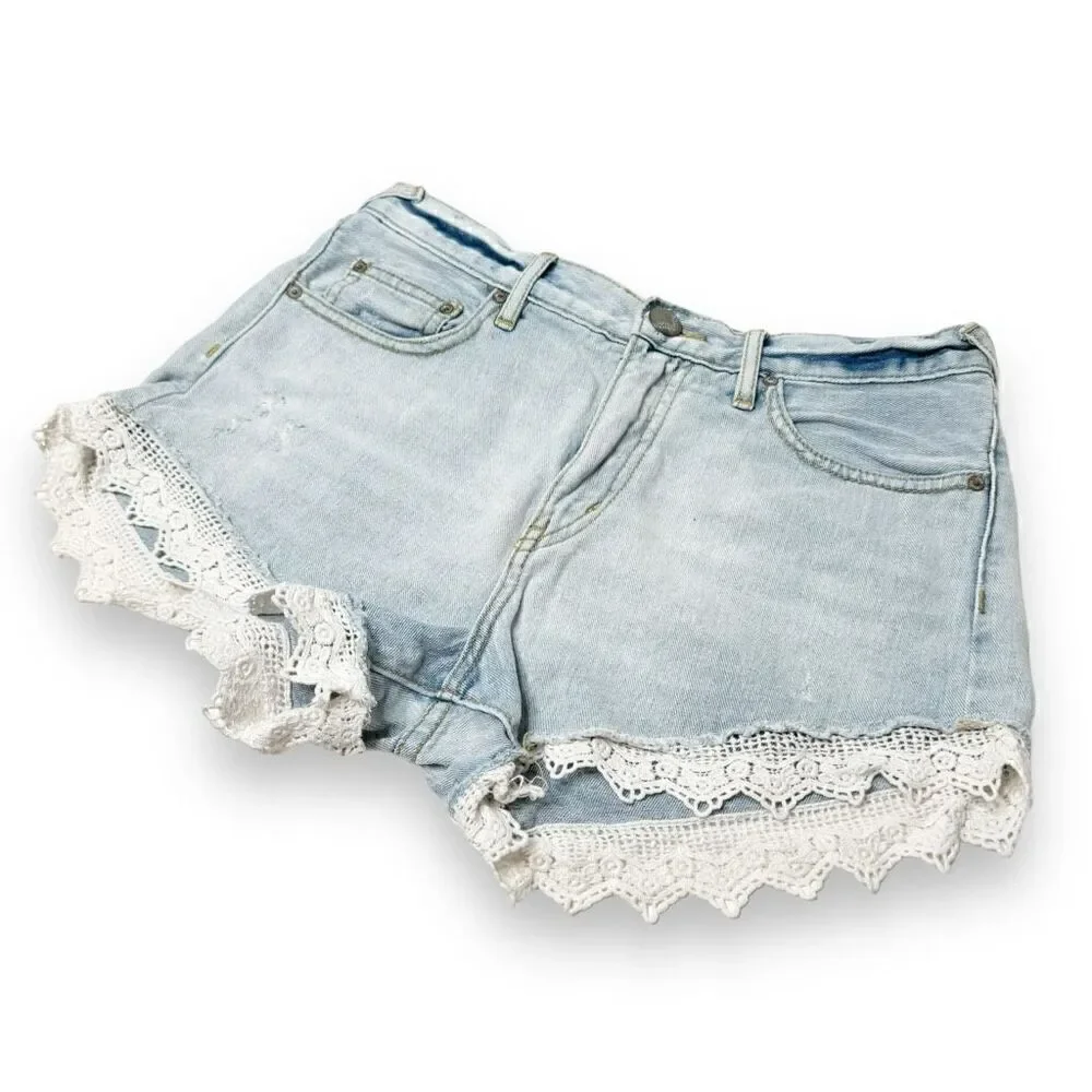 Free People Lacey Cutoff Shorts Size 26 Light Wash Distressed High-Rise Lace Hem
